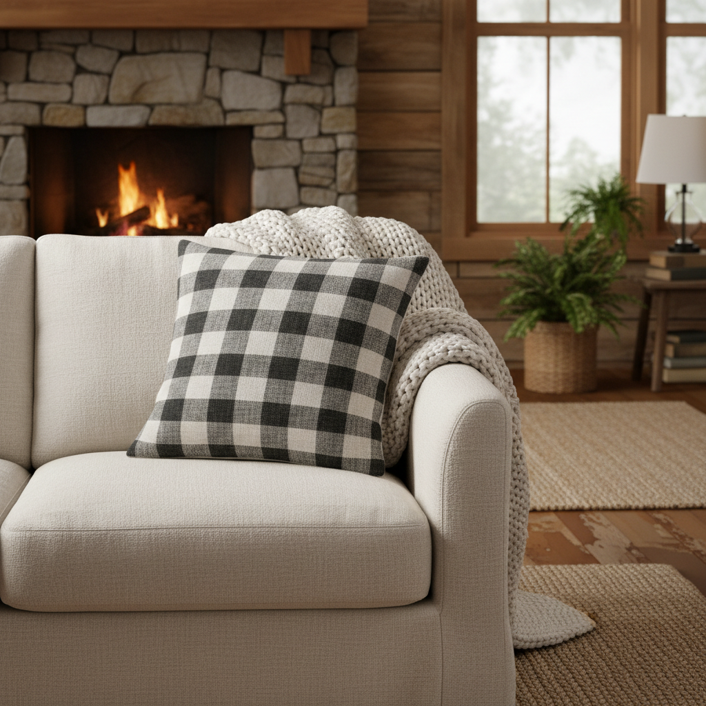 Farmhouse buffalo check pillow on linen sofa