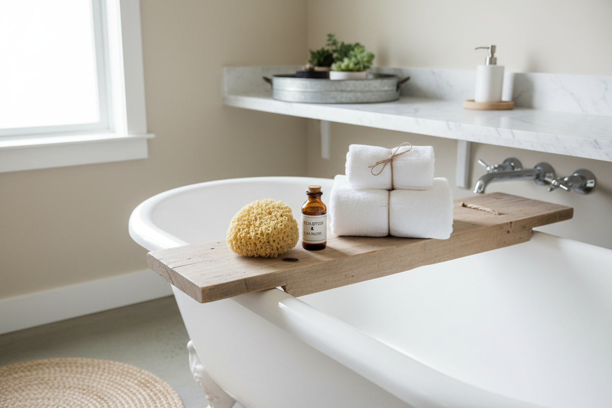 Farmhouse wooden bath tray styled on countertop