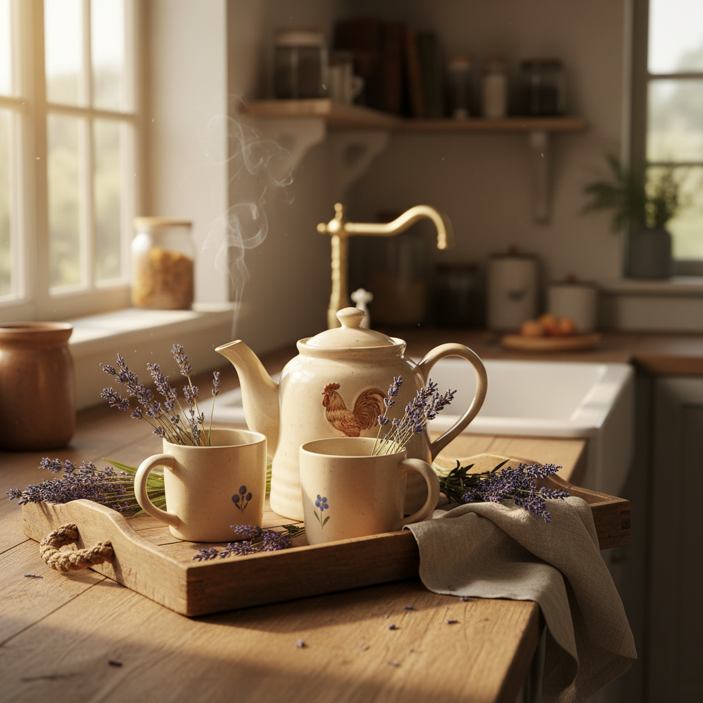 Farmhouse ceramic teapot styled with mugs and lavender