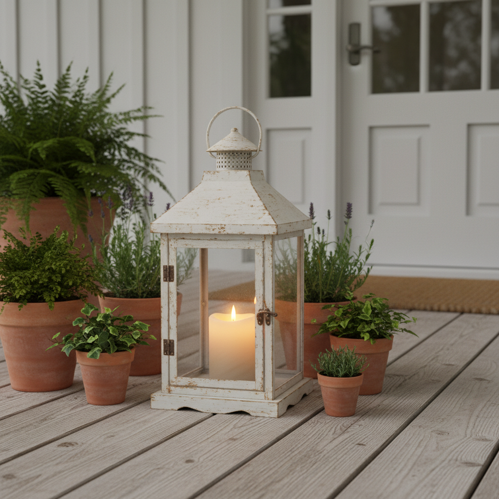 Farmhouse lantern candle holder on front porch