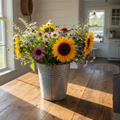 Farmhouse galvanized metal bucket vase with wildflowers