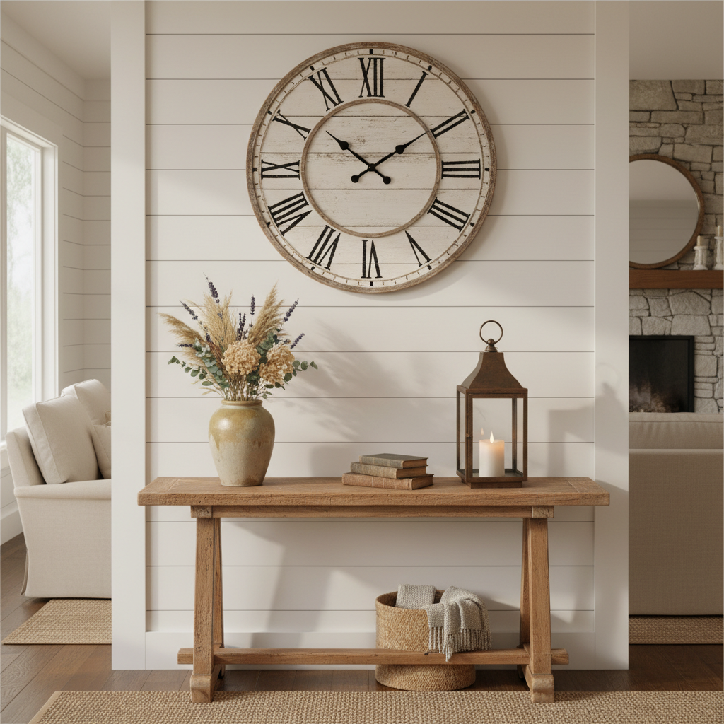 Farmhouse Rustic Wood Frame Wall Clock above console table