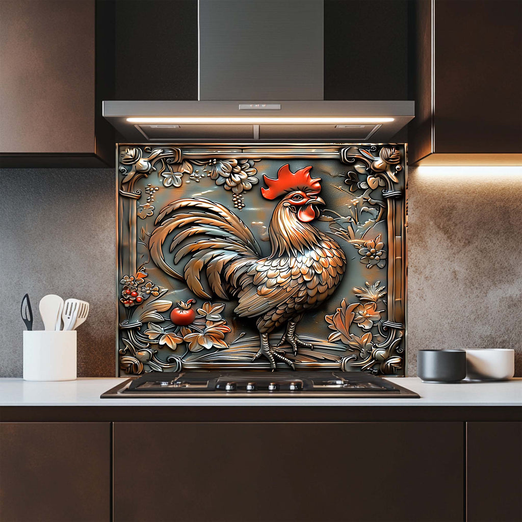 Copper Rooster – Tempered Glass Backsplash for Kitchen Stove | Copper Look Backsplash