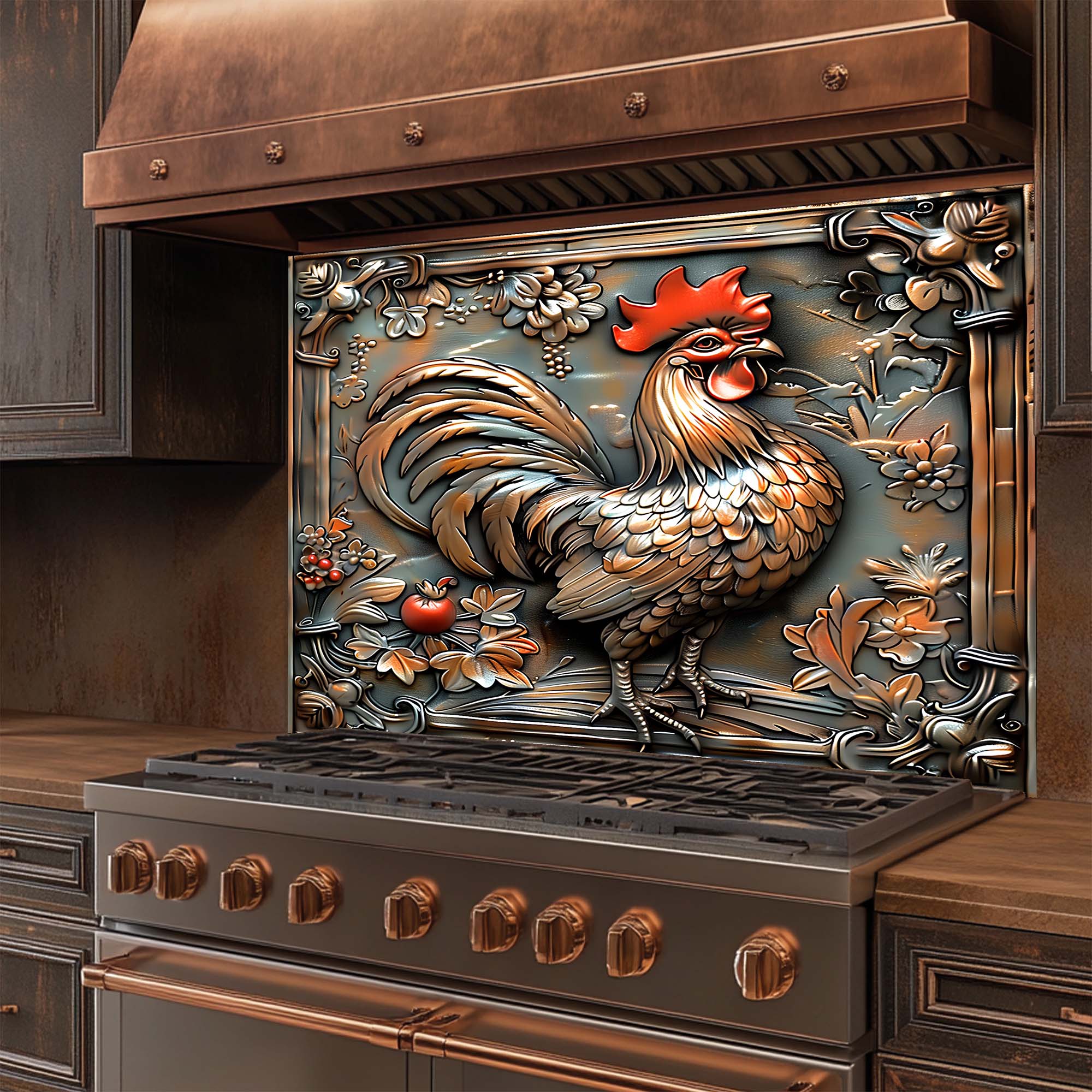 Copper Rooster – Tempered Glass Backsplash for Kitchen Stove | Copper Look Backsplash