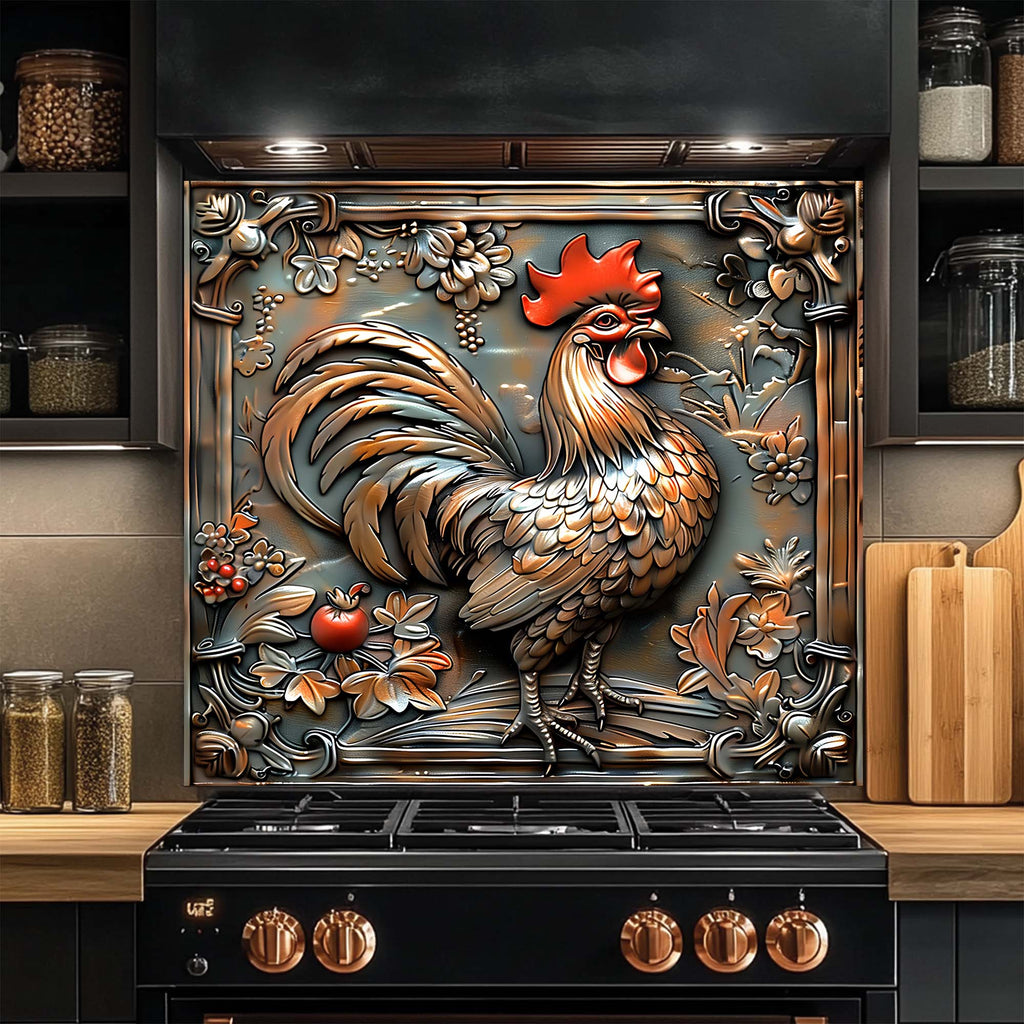 Copper Rooster – Tempered Glass Backsplash for Kitchen Stove | Copper Look Backsplash