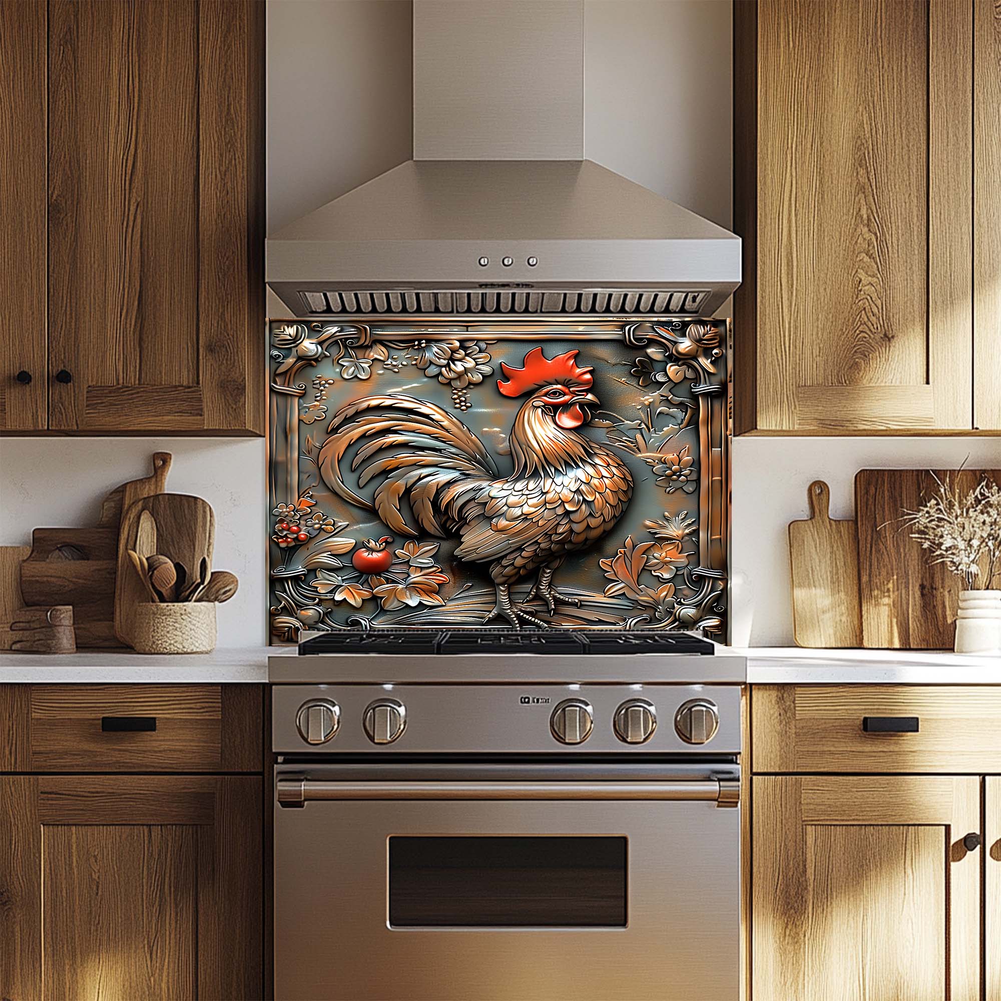 Copper Rooster – Tempered Glass Backsplash for Kitchen Stove | Copper Look Backsplash